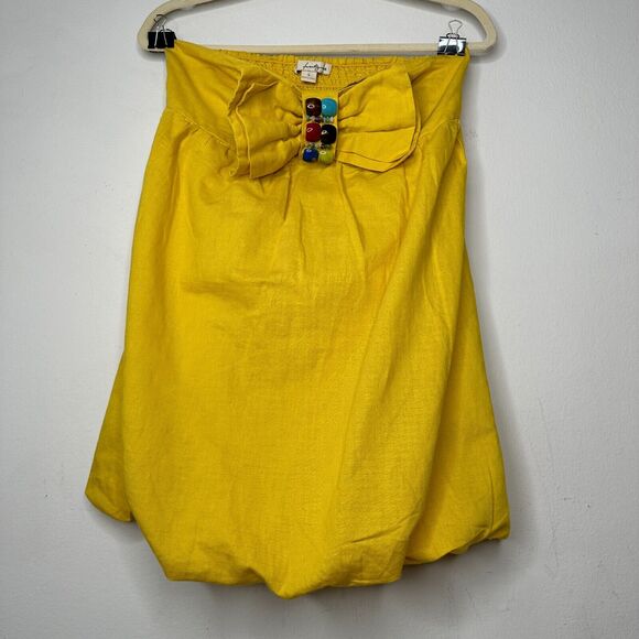 Yellow Linen Sleeveless Blouson Blouse Mini Dress Bead Bow Tie Front S - Picture 13 of 13